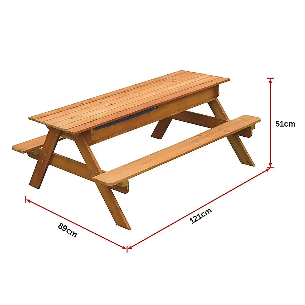 Wooden picnic table with measurements displayed in sand & water wooden picnic table product