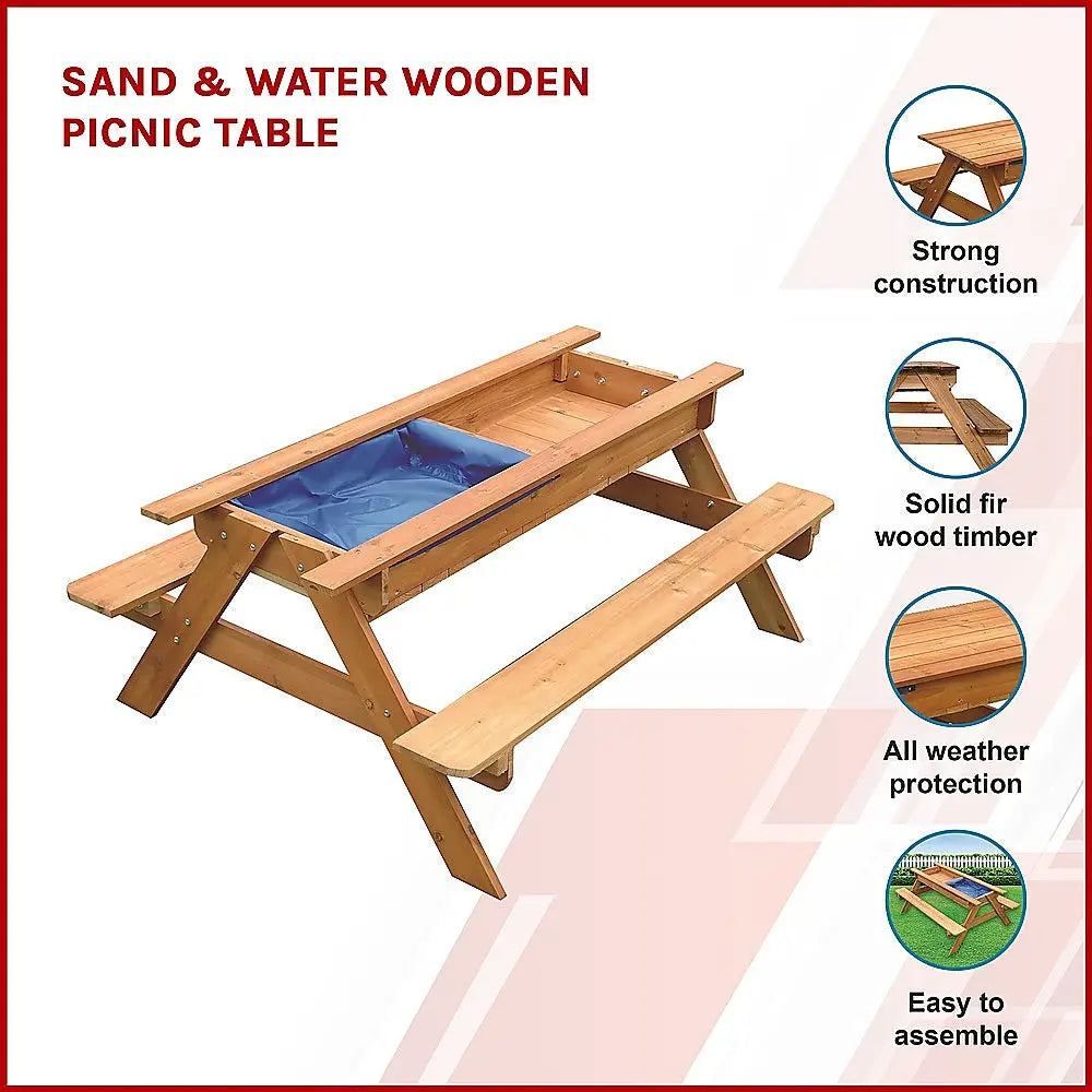 Wooden picnic table with blue cloth, perfect for kids to enjoy sand and water activities