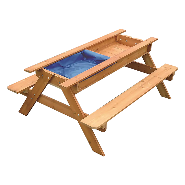 Wooden picnic table with blue plastic top from sand & water wooden picnic table