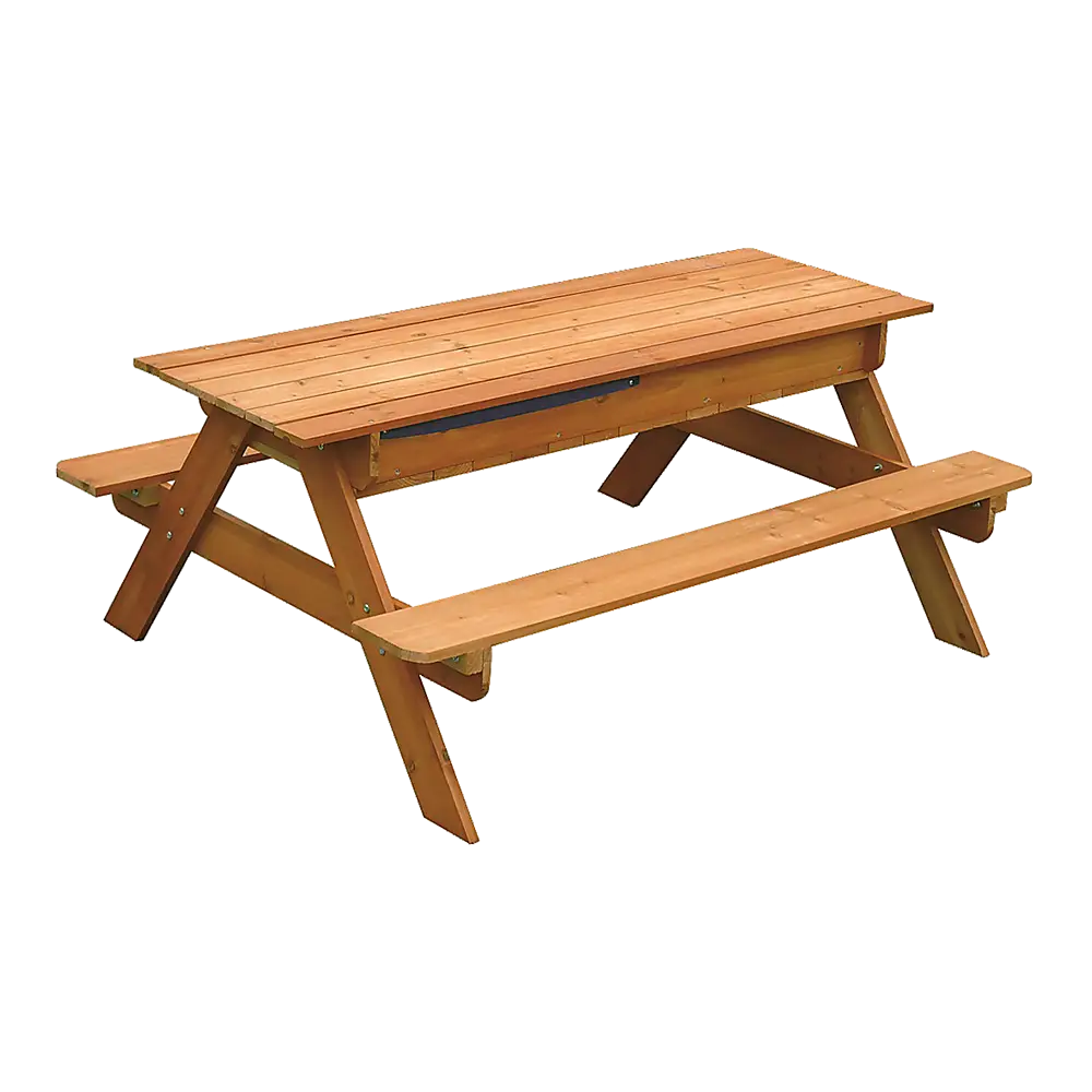 Wooden picnic table with bench underneath, perfect for young children to enjoy sand and water play