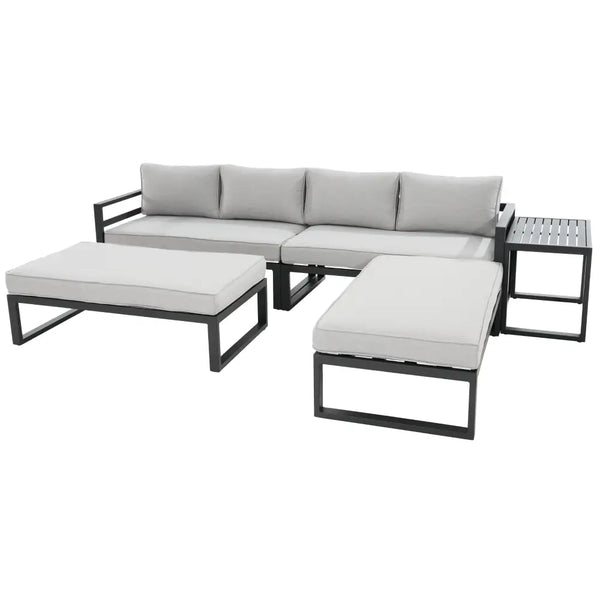 Skye 5pc outdoor sectional set with ottoman and coffee table, light grey fabric, all-weather lounge set