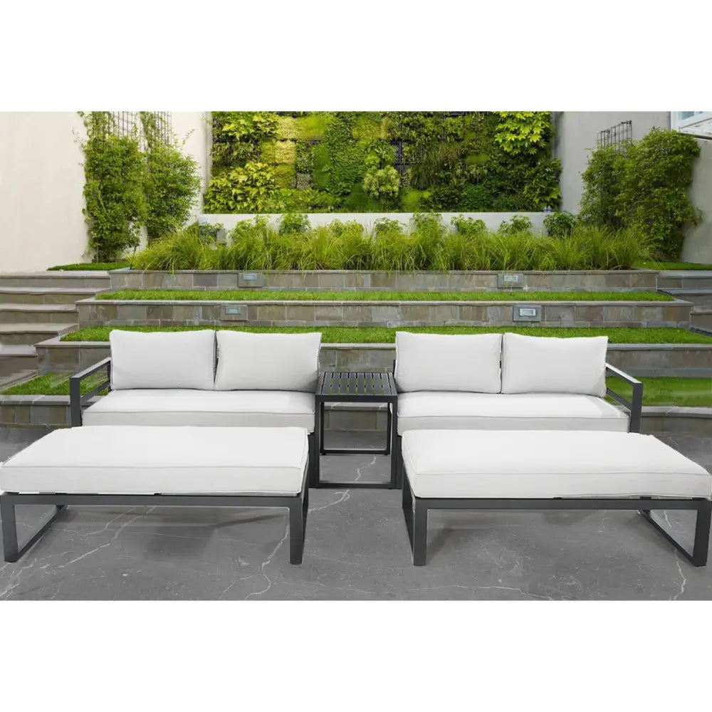 Modern outdoor furniture collection with skye 5pc outdoor sofa set, light grey fabric, and modular aluminum frame