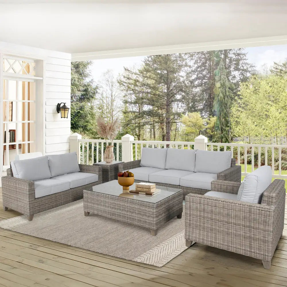 Sophy half round wicker outdoor sofa lounge set on deck