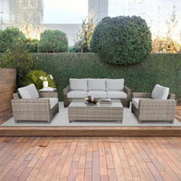 Sophy wicker rattan outdoor sofa chair lounge set - 2 seater sofas on wooden deck with white wickers