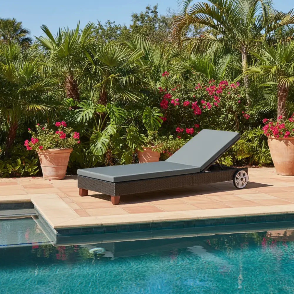 Chaise lounge by a pool with potted plants and flowers
