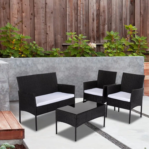 Ville 4-seater wicker outdoor lounge set with black chairs and white cushions