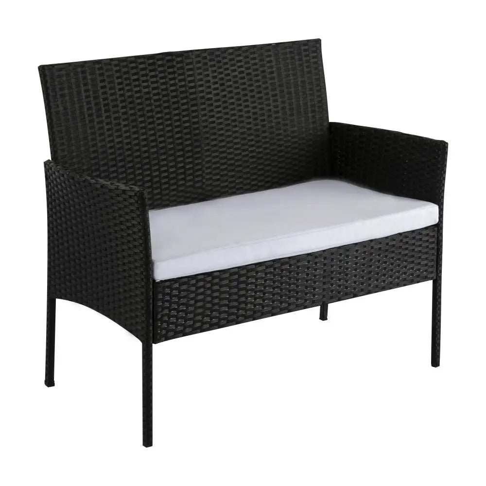 Black wicker bench with white cushion in ville 4-seater wicker outdoor lounge sofa set