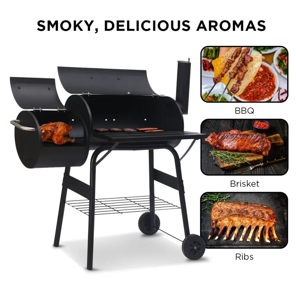 Wallaroo 2-in-1 outdoor barbecue grill & offset smoker with smoky delos romas deco