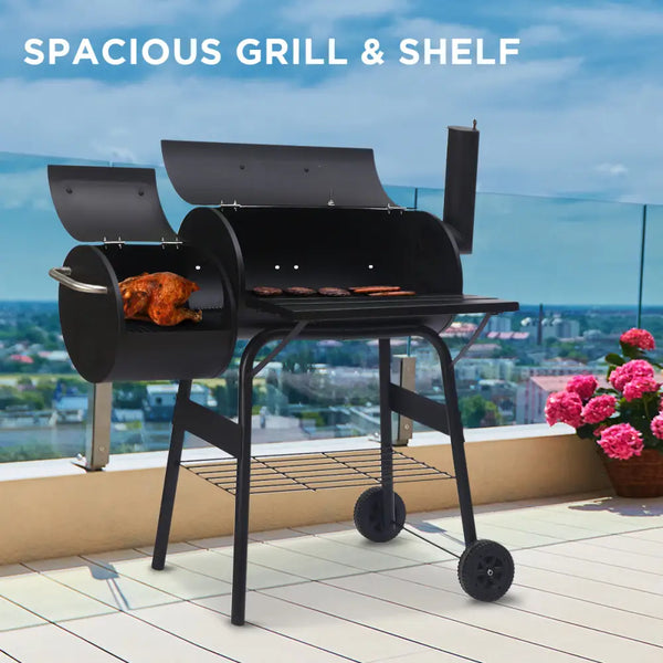 Wallaroo 2-in-1 outdoor barbecue grill & offset smoker on a roof with ’sacusil & she’ displayed
