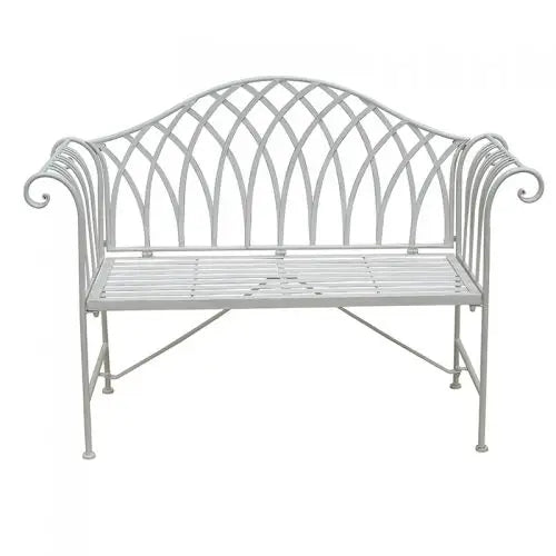 White lavinia iron outdoor bench with curved arms