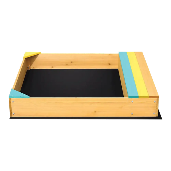 Wooden sandbox with chalkboard for kids’ imagination