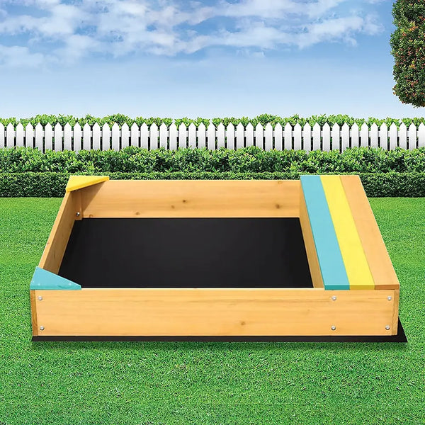Wooden sandbox with built-in storage seat and chalkboard for kids imagination