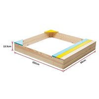 Wooden sandbox with yellow top and blue bottom for kids imagination